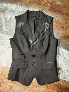Y2K bebe Black Pinstripe Sleeveless Vest with Faux-Leather details